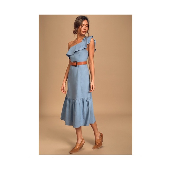Lulus | One Shoulder Ruffle Midi Dress | Blue | Small - Picture 2 of 11
